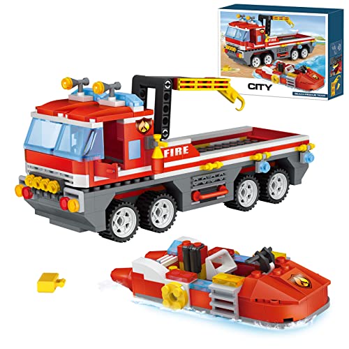 City Feuerwehrauto Bauspielzeug mit Feuerrettungsboot Feuerwehr Spielzeug with 3 Feuerwehrmann Lernspielzeug Kreatives Geschenk für Jungen und Mädchen ab 6 Jahren 354 Stück von COGO