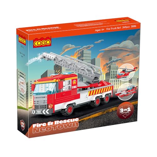 Creator 3in1 Feuerwehr Bauspielzeug, City Feuerwehrauto, Hubschrauber und Feuerwehr-Boot, Spielzeug ab 6 Jahre, kreatives Spielzeug, Geschenk für Jungen und Mädchen, 249 Stück von COGO