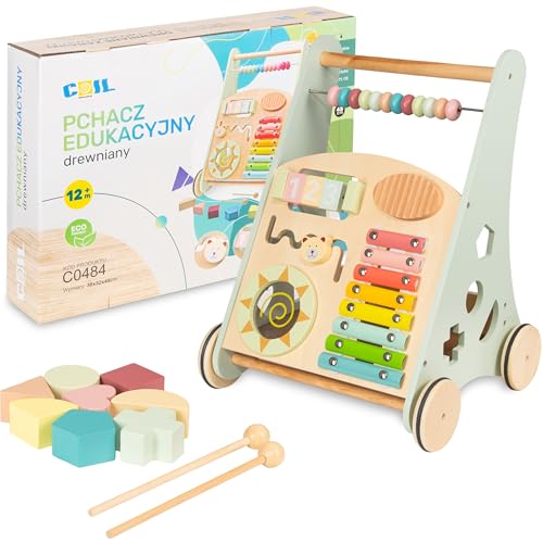 COIL 3-in-1 Holzpuppenwagen Lernspielzeug Musikwagen, laufwagen Baby - Laufhilfe Labyrinth Formensortierer 12 Monate - Lauflernhilfe Lauflernwagen Holz Baby Lauflernhilfe Baby Walker (Grün) von COIL