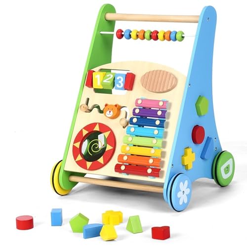 COIL 3-in-1 Holzpuppenwagen Lernspielzeug Musikwagen, laufwagen - Laufhilfe Labyrinth Formensortierer 12 Monate - Lauflernhilfe Lauflernwagen Holz Lauflernhilfe Walker von COIL