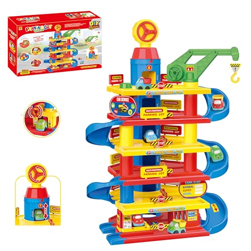 COIL Auto Parkhaus Kinder mit Autowaschanlage, Kran und Aufzug - Robustes Parkgarage Spielset für Kinder ab 3 Jahren, Interaktives Spielzeug mit Tankstelle, Große Spielgarage Kreatives (75 Elemente) von COIL