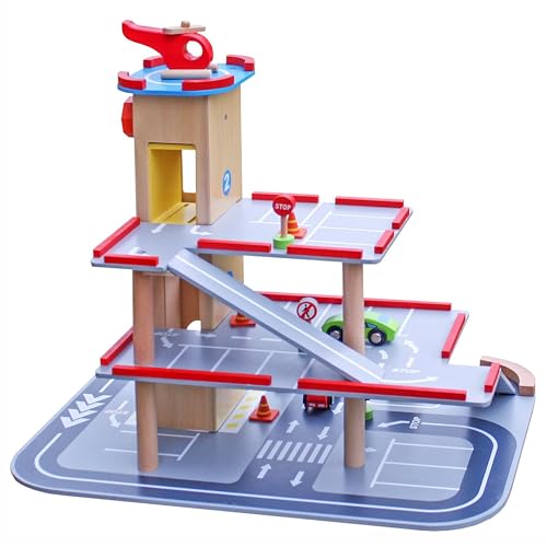 COIL Parkhaus für Kinder ab 3 Holz - Pädagogisches S.T.E.M. Parkgarage Spielzeug, Spielgarage mit Aufzug, Autos und Zubehör, Autogarage Kinder, Garage Spielzeug - Parkhaus für 2 Jahre von COIL