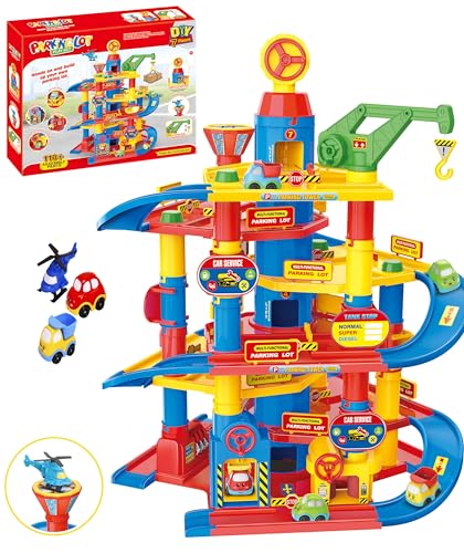 COIL Auto Parkhaus Kinder mit Autowaschanlage, Kran und Aufzug - Robustes Parkgarage Spielset für Kinder ab 3 Jahren, Interaktives Spielzeug mit Tankstelle, Große Spielgarage Kreatives (110 Elemente) von COIL