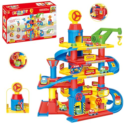 COIL Auto Parkhaus Kinder mit Autowaschanlage, Kran und Aufzug - Robustes Parkgarage Spielset für Kinder ab 3 Jahren, Interaktives Spielzeug mit Tankstelle, Große Spielgarage Kreatives (90 Elemente) von COIL