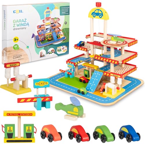 COIL Spiel-Parkgarage Parkhaus Holz-Spielgarage Lift Auto Garage Holzgarage von COIL