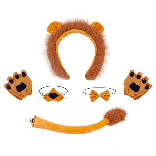 6-teiliges Löwen-Kostüm-Zubehör-Set mit Stirnband, Schwanz, Pfoten, Nase und Fliege braun, Braun, Eine Größe passt meistens 6-teiliges Löwen-Kostüm-Zubehör-Set mit Stirnband, Schwanz, Pfoten, Nase und Fliege braun, Braun, Eine Größe passt meistens von COJOUCCI