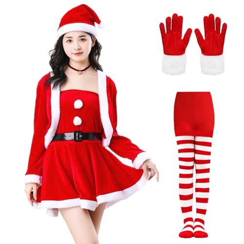 COJOUCCI Damen Weihnachtsmann-Kostüm, Samt, langärmelig, Weihnachtsmannkleid mit Gürtel, gestreifte Strumpfhose, Mütze, Handschuhe, Weihnachtskleid-Kostüm (rot, XL) von COJOUCCI