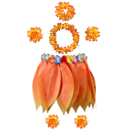 COJOUCCI Hawaiianischer Hula-Rock mit Blumen-Stirnband, Halskette, Armbänder und Fußkettchen, Leis-Outfits für Luau-Party, Strand, Hochzeit (Orange) von COJOUCCI
