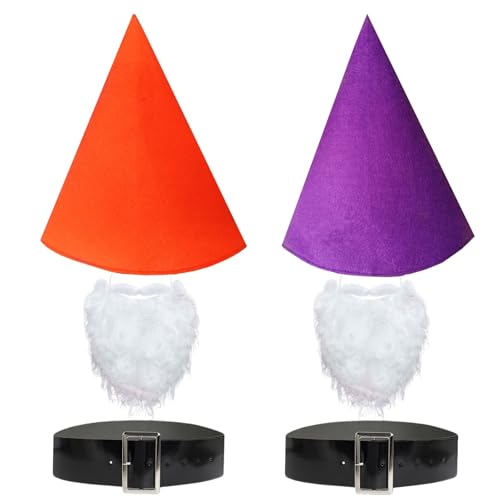 COJOUCCI Wichtel Kostüm Set, Zwerg Spitzhut, Bart und Gürtel, Buntstift Hüte Elfenhut Hexenzwerg Halloween Kostüm Zubehör (Orange/Lila) von COJOUCCI