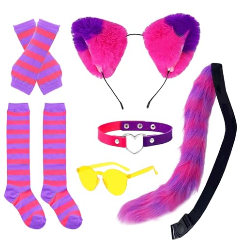 Rosa Lila gestreiftes Katzenkostüm, Katzenohren Stirnband, pelziger Schwanz, gelbe Brille, Herz Choker, Handschuhe und Socken für Halloween Party Fuchs Cosplay Dress Up von COJOUCCI