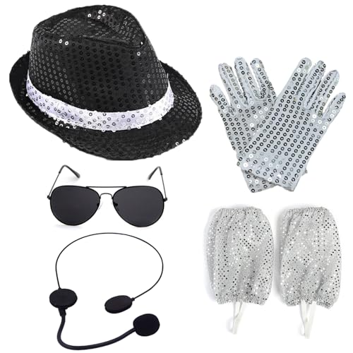 Tanzstern-Kostüm-Set, schwarzer Pailletten-Fedora-Hut, Sonnenbrille, Handschuhe, Beinabdeckungen, Mikrofon, 80er-90er-Jahre-Popstar-Zubehör, schwarz / silberfarben, L von COJOUCCI