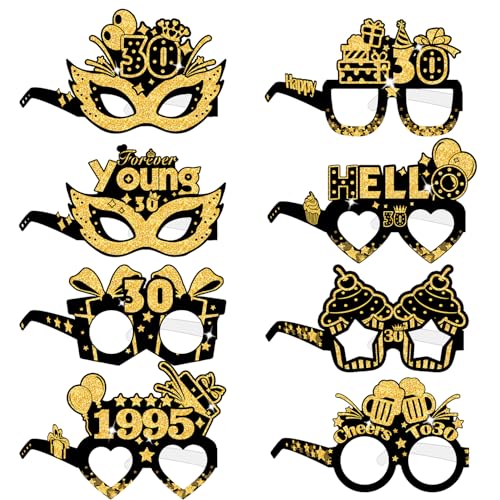 COLANANA 8 Stück Geburtstag Party Brille Dekoration,30th Lustige Papier Geburtstag Brille Deko, Geburtstags Photo Booth Requisiten Zubehör,30th Geburtstags Party Dekorationen für Frauen Männer von COLANANA