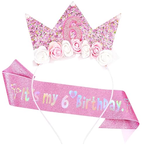 COLANANA Dekoration zum 6. Geburtstag, Stirnband und Glitzer-Schärpe für Mädchen, Blumenprinzessin-Stirnband für Geburtstag, Mädchen-Outfit von COLANANA