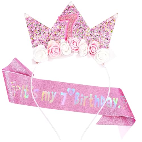 COLANANA Dekoration zum 7. Geburtstag, Stirnband und Glitzer-Schärpe für Mädchen, Blumenprinzessin-Stirnband für Geburtstag, Mädchen-Outfit von COLANANA