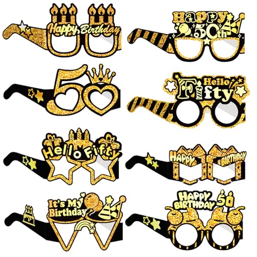 COLANANA Geburtstag Party Brille Dekoration,50th Geburtstag Party Dekorationen,8 Stück Lustige Papier 50th Geburtstags Brille Deko, Geburtstags Photo Booth Requisiten Zubehör für Frauen Männer von COLANANA