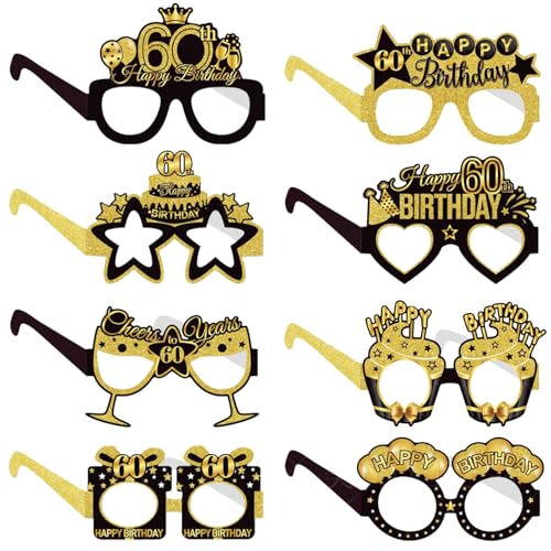 COLANANA Geburtstag Party Brille Dekoration,8 Stück Lustige Papier 60th Geburtstag Brille Deko,60th Geburtstags Party Dekorationen,Geburtstags Photo Booth Requisiten Zubehör für Frauen Männer von COLANANA