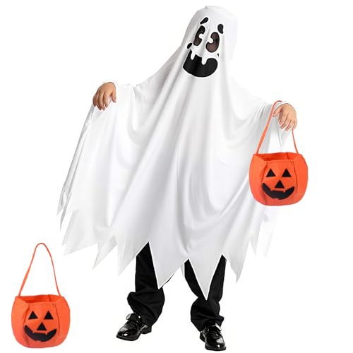 Halloween Kostüm Kinder, Gespenst Kostüm Kinder, Weißes Geisterkostüm mit Kürbis Tasche für Jungen Mädchen Halloweens Cosplay (A) von COLEESON