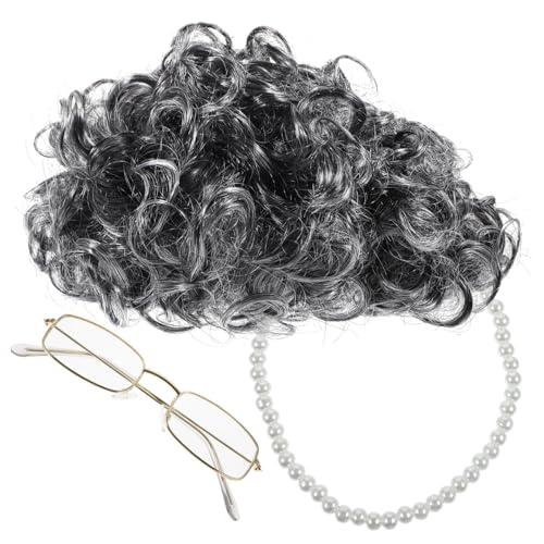 COLLBATH Cosplay Alte Dame Perücke Oma Perücke Set Bühnenrequisiten Kurzes lockiges Haar Perücke Brille Kette für Partykleid von COLLBATH