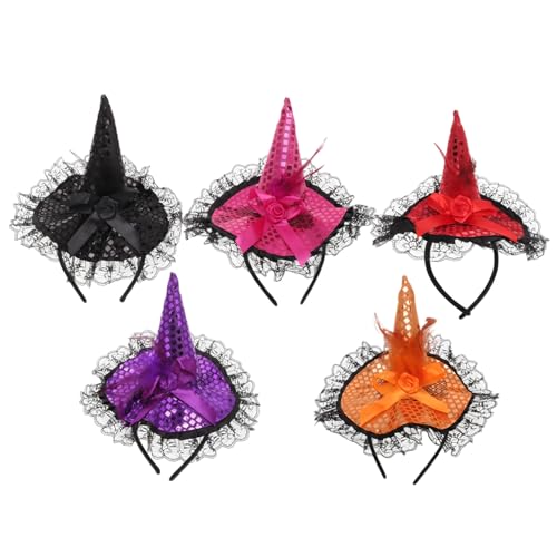 COLLBATH 5 Stück Teiliges Halloween Haarreif mit Glitzer Hexenhut Design für Erwachsene Bunte Farben Leichtes Sicheres Material für Halloween Kostüm Party und Karneval von COLLBATH