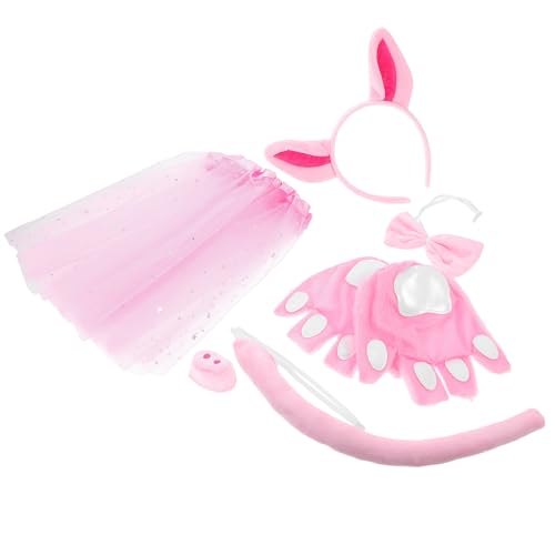COLLBATH 6-teiliges Schweinekostüm-Zubehör: Rosa Schweineohren, Stirnband, Rock, Handschuhe, Nase, Fliege, süßes Tier-Cosplay für Kinderparty, Halloween, Karneval, Verkleidung von COLLBATH