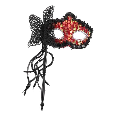 COLLBATH Masquerade Maske mit Stick Rote Pailletten Handheld Ball Maske mit Schmetterlingsquasten für Damen für Halloween Karneval und Themenpartys von COLLBATH
