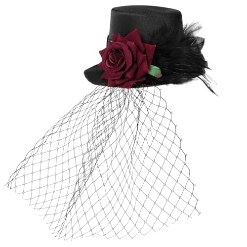 COLLBATH Vintage Roter Rosen Mesh Zylinderhut mit Schmuck Haarklammer Damen Mädchen Party Dekoration Halloween Zubehör Leicht und Elegant aus Satin von COLLBATH
