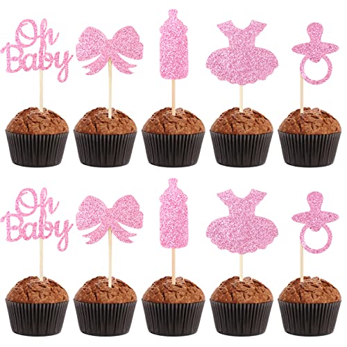 30 Stück Oh Baby Cupcake Topper Tortendeko Babyparty Rosa Glitzer Baby Shower Deko Mädchen Cake Topper Kuchen Dekoration für Gender Reveal Geschlecht verkünden Geburtstag Schwangerschaft (Rosa) von COLOFALLA