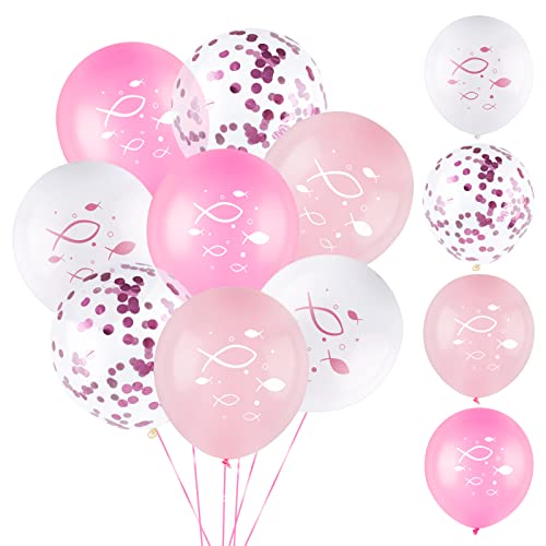 40 Stück Luftballons Taufe Kommunion Konfirmation Deko Erstkommunion Dekoration Rosa Weiß Fische Ballons mit Bänder für Mädchen Geburtstag Hochzeit von COLOFALLA