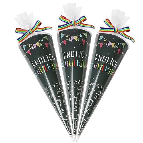 COLOFALLA 12 Stücke Schultüte Klein 20cm Mini Schultüte Geschwistertüte Zuckertüten zum Befüllen Endlich Schulkind Geschenke Deko für Einschulung Schulanfang Junge Mädchen von COLOFALLA