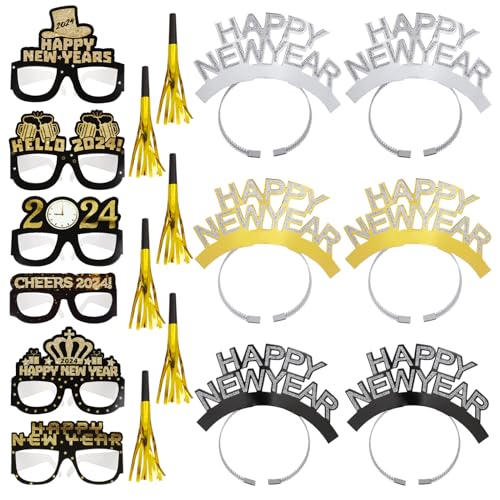 18 Stück Silvester Brille Neujahr Silvester Foto Requisiten 2024 Accessoires Partybrille Haarreif Stirnband Kopfbedeckung aus Papier Partytröten Happy New Year Deko Silvester Party Mitgebsel von COLOFALLA