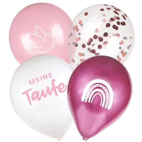 COLOFALLA 24 Stücke Taufe Luftballon Taufe Deko Mädchen Pink Geschenk zur Taufe Meine Taufe Taube Regenbogen Muster Taufe Ballon mit 2 Bänder (Pink) von COLOFALLA