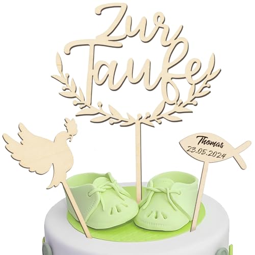 COLOFALLA 3 Stück Zur Taufe Cake Topper Taufe Torten Topper Holz Torten Topper Taube Fisch Kuchen Topper Tortendeko Party Dekoration für Junge Mädchen von COLOFALLA