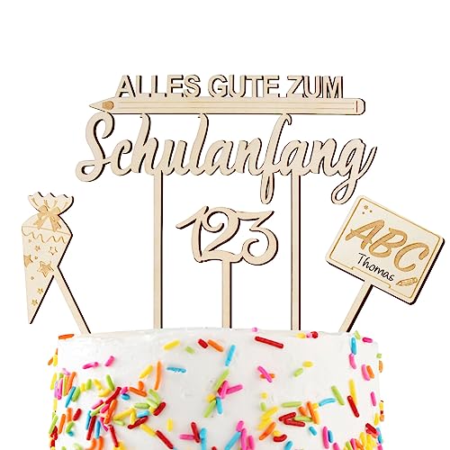 COLOFALLA 4 Stk Cake Topper Einschulung Holz Tortendeko Alles Gute zum Schulanfang Torten Topper Cupcake Topper ABC 123 Kuchendeko für Schulkind Junge Mädchen Schuleinführung Party Deko Geschenk von COLOFALLA