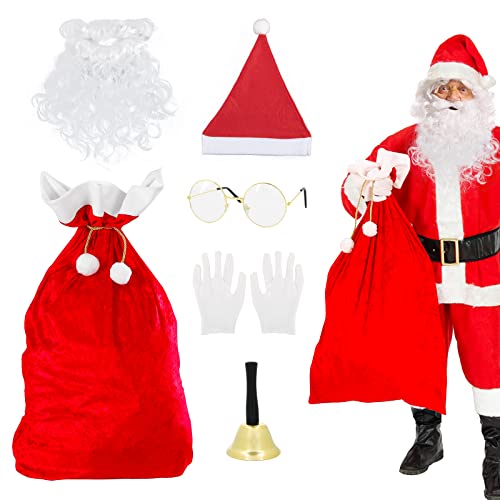 COLOFALLA 6 Stück Weihnachtsmann Kostüm Zubehör Weihnachtsmann Nikolaus Accessoires Sack Mütze Brille Bart Handschuhe Handglocke für Weihnachten Karneval Mottoparty von COLOFALLA