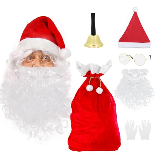 COLOFALLA 6 Stück Weihnachtsmann Kostüm Zubehör Weihnachtsmann Nikolaus Accessoires Sack Mütze Brille Bart Handschuhe Handglocke für Weihnachten Karneval Mottoparty von COLOFALLA