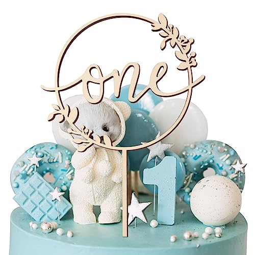 COLOFALLA Cake Topper One im Kranz Tortendeko Holz Torten Topper Cupcake Topper 1. Geburtstag Kuchen Deko für Babyparty Neutral Wild One Kindergeburtstag Mädchen Junge von COLOFALLA