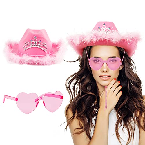 COLOFALLA Cowboy Hut Pink Karneval Hut Pink Cowgirl Hut Pink Herzbrille Kostümzubehör Partyhut Partybrille Accessoires Cowboyhut mit Tiara für Karneval Fasching JGA Urlaub Frau (Rosa) von COLOFALLA