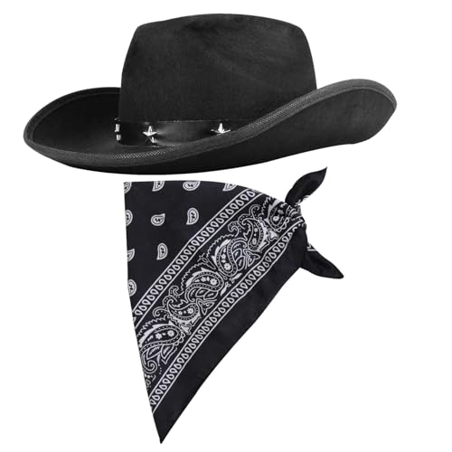 COLOFALLA Cowboy Hut Cowgril Hut Schwarz Karneval Hut Schwarz Stern mit Halstuch Cowgirl Kostümzubehör Partyhut Partyhalstuch Accessoires Cowboy Hut für Karneval Fasching JGA Urlaub Frau von COLOFALLA