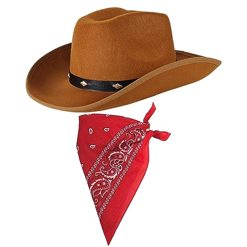 COLOFALLA Cowboy Hut mit Halstuch Cowgirl Kostümzubehör Partyhut Partyhalstuch Accessoires Cowboyhut für Karneval Fasching JGA Urlaub Herren Damen (braun) von COLOFALLA