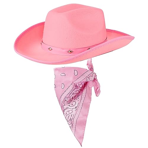 COLOFALLA Cowboy Hut Rosa mit Halstuch Pink Cowgirl Karneval Hut Kostümzubehör Partyhut Partyhalstuch Accessoires Cowboyhut für Karneval Fasching JGA Urlaub Damen (rosa) von COLOFALLA