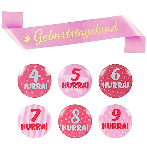 COLOFALLA Geburtstag Schärpe mit 6 Buttons Anstecker 4-9 Jahre alt Geburtstagskind Schärpe Kinder Kindergeburtstag Accessories Rosa für Geburtstagskrone Mädchen Deko zum Geburtstag Party von COLOFALLA