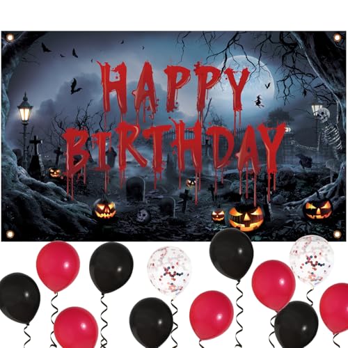 COLOFALLA Halloween Banner Halloween Motiv Geburtstag Banner mit 12 Luftballoon Happy Birthday Banner 180x110cm Rot Schwarz Halloween Deko Foto Hintergrund für Geburtstag Halloween COLOFALLA Halloween Banner Halloween Motiv Geburtstag Banner mit 12 Luftballoon Happy Birthday Banner 180x110cm Rot Schwarz Halloween Deko Foto Hintergrund für Geburtstag Halloween von COLOFALLA
