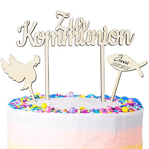 3 Stk Cake Topper Kommunion Holz Tortendeko Zur Kommunion Torten Topper Taube Fisch Tortenstecker Erstkommunion Kuchen Cupcake Deko für Junge Mädchen von COLOFALLA