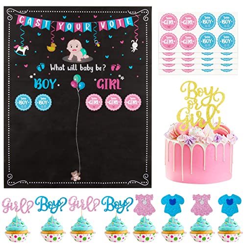 COLOFALLA Gender Reveal Party Deko Geschlecht Verkünden 1 STK Abstimmung Poster 40 Pcs Stickers 13 Pcs Tortendeko Cake Cupcake Topper Boy or Girl für Enthüllung Party von COLOFALLA