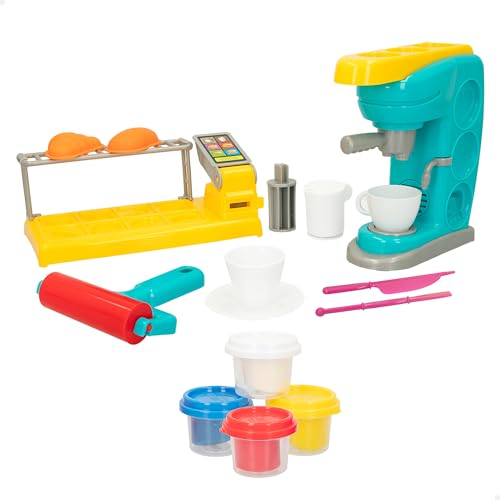 ColorBaby Play 47269 Knetset, inklusive Kaffeemaschine mit Sound, Präsentationsständer, Verschiedene Formen, Zubehör, Rolle, weich und ungiftig, Spielzeug zum Basteln (47269) von COLORBABY