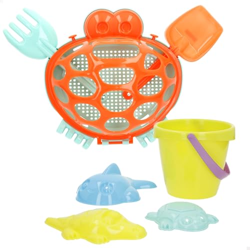 ColorBaby Color Beach Strandset Krabbe, Eimer 14 cm mit Schaufeln, Rechen und Formen für Meerestiere, Aufbewahrungsnetz mit Griff, optimal für Sand und Park (47700) von COLORBABY