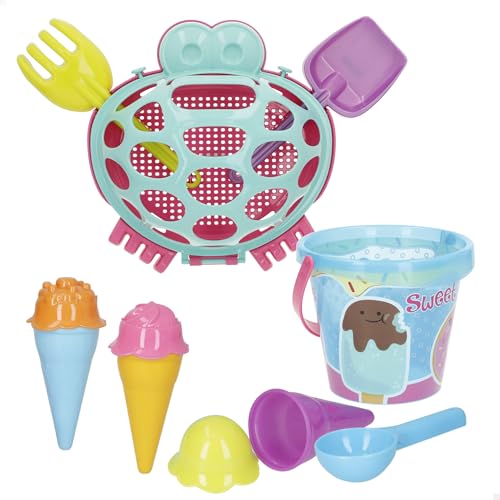 ColorBaby Color Beach Strandset Krabbe mit Eimer 14 cm, Schaufeln, Rechen, Eisformen, Transportnetz mit Griff, optimal zum Spielen im Sand ab 18 Monaten (47701) von COLORBABY