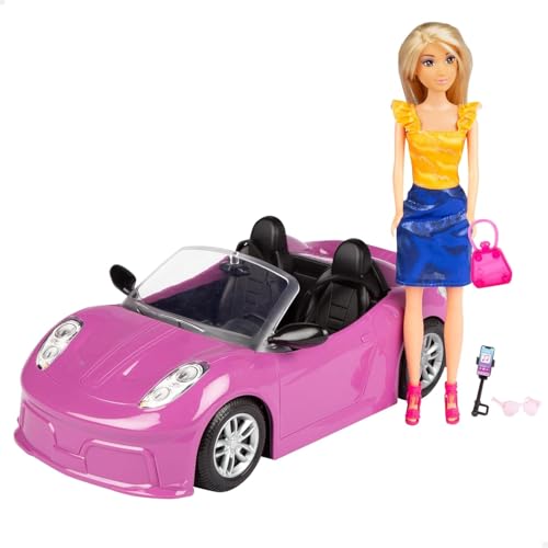 ColorBaby Isabella Gelenkpuppe mit Auto, 27 cm, Cabrio-Spielzeug, inkl. Zubehör, Sonnenbrille, Handy, Selfie-Halterung, Tasche, Erfrischung, Puppen für Mädchen, Geschenke ab 3 Jahren (47813) von COLORBABY
