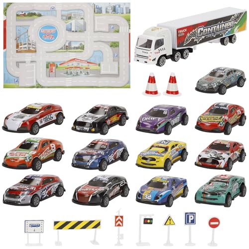 ColorBaby Speed & Go Rennwagen für Kinder, Fahrzeuge, Maßstab 1:87, Reibungssystem, Metall und Kunststoff, Verkehrszeichen, Transportrucksack, für Kinder ab 3 Jahren (47985) von COLORBABY
