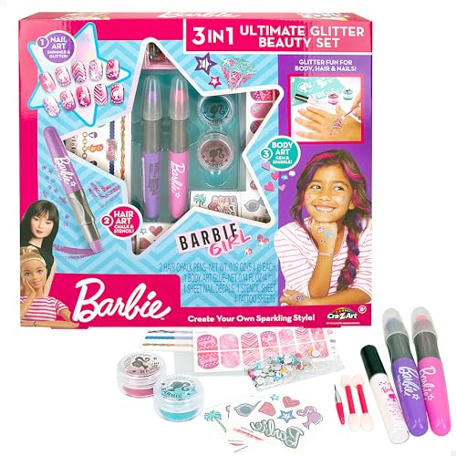 Colorbaby Barbie Schönheitsset Glitter 3 in 1 Haare, Nägel und Körper, Set temporäre Tattoos, farbige Kreide für Haare, Nagelset, temporäre Dochte für 8 Jahre Mädchen, 48429 von COLORBABY